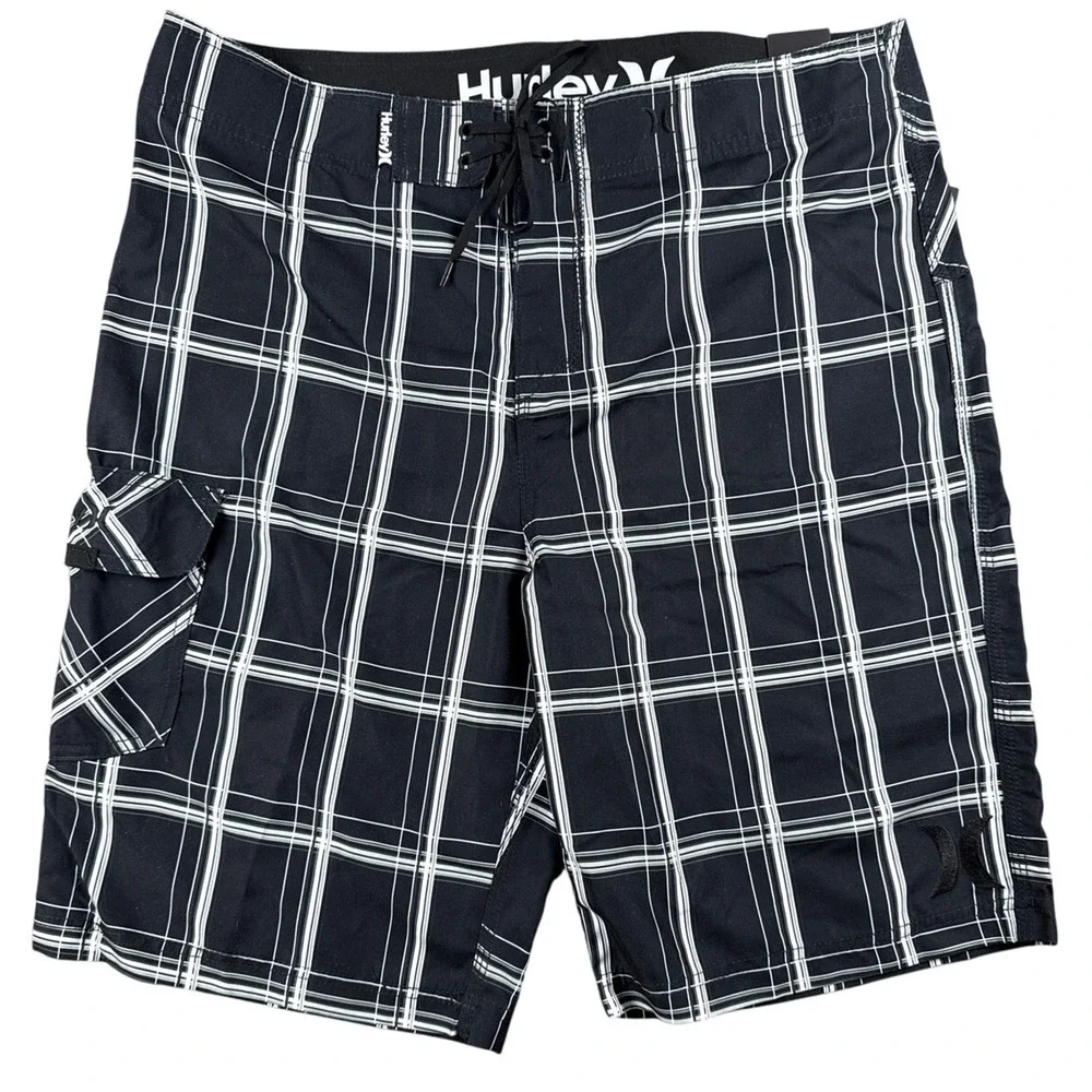 Hurley Puerto Rico Boardshort Mens Size 33 x 22 Black Plaid Swim Trunk Quick Dry
